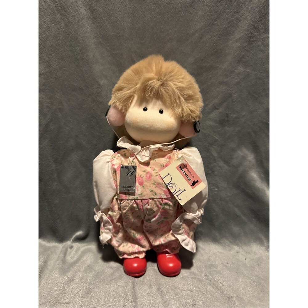 Vintage Wind Up Musical Doll Barentino 1991  Stereo Melody Line Pink Flower Suit